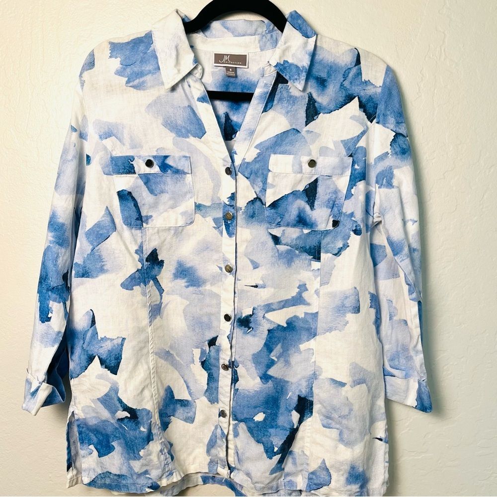 JM Collection Blue Watercolor Linen Blouse 6 Coastal Resort Wear Artsy